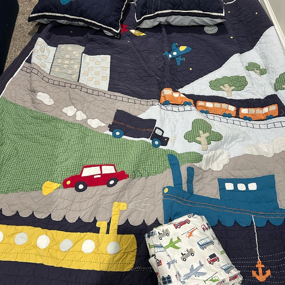 Pottery Barn Kids Navy Transportation Quilt Set